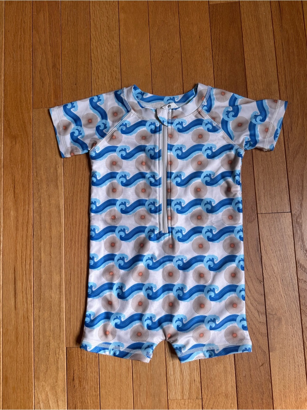 Kate Quinn Suns and Wave Zip Short Sleeve Swimsuit 2T Blue Cream